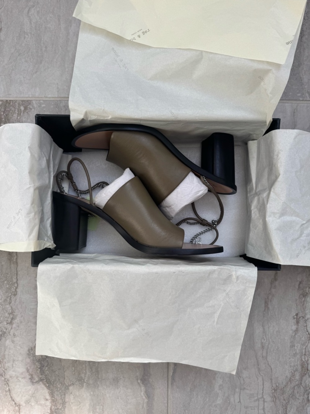 rag & bone Olive Green Leather Block Heel Slingback Mules with Silver Chain - Picture 3 of 10